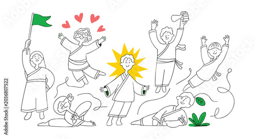 Joyful Celebration of Korean Culture: A vibrant illustration depicts children in traditional Korean attire expressing pure joy and excitement, some with hearts and stars radiating.