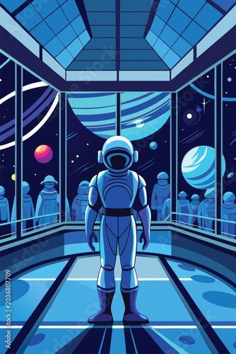 Fotografie Astronaut Walking Through Space Station Corridor with Planets and Cosmic Light I