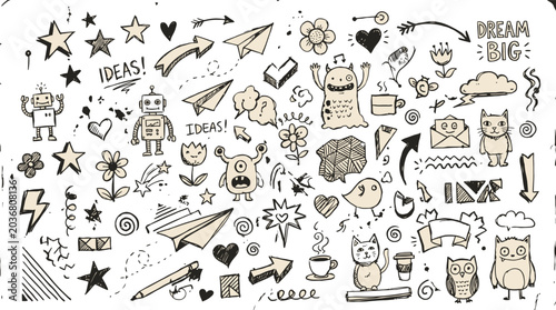 Konstfotografi Hand drawn doodle vector set, black ink sketch elements with monsters and robots