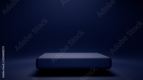 A blue podium or pedestal for displaying products against a blue background with a low platform. 3D visualization. A blank background for product display.