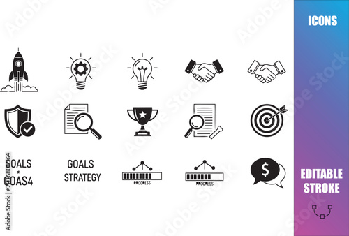 Business Strategy and Corporate Goals Management Vector Icons Pack, Strategic Partnership Partnership Achievement and Progress Tracking Glyph Icons Set with Editable Stroke