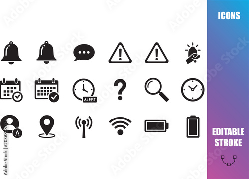 UI Notification and Digital Device Settings Vector Icons Pack, Mobile Interface Alert Signs and Hardware Status Glyph Icons Set with Editable Stroke for Web App Design