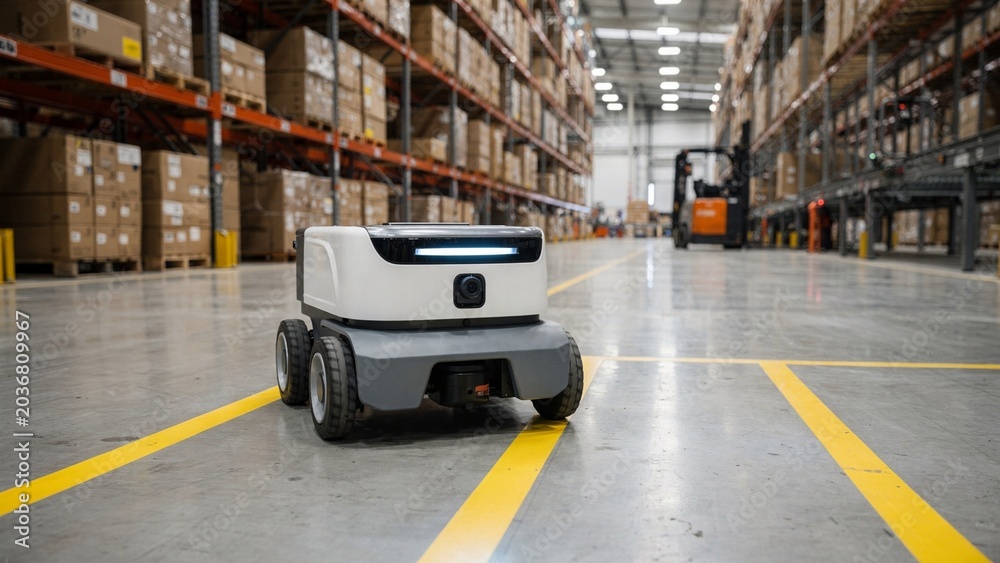 Naklejka premium Autonomous AI robot navigating warehouse storage aisles with cargo boxes, futuristic logistics and industrial automation technology concept for smart supply chains