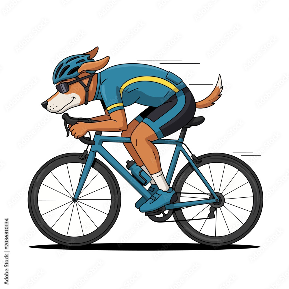 Naklejka premium Anthropomorphic dog cyclist in racing gear speeding on a road bike.
