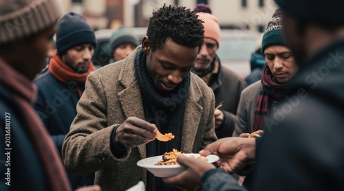 Man eats from plate, others wait for food distribution outdoors. Volunteers give meals to poor people. Concept of charity, hunger, poverty, social aid.