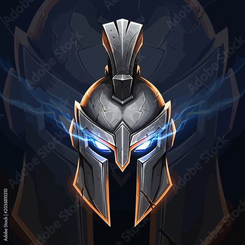 Ancient Warrior Helmet with Glowing Blue Eyes and Lightning.