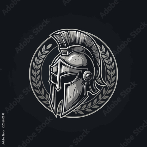 Ancient Spartan Helmet Emblem with Laurel Wreath.