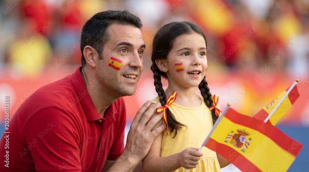 Obraz premium Father and daughter celebrating with spanish flags at an outdoor event