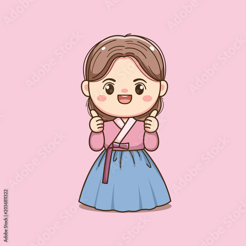 Cute Korean Girl Wearing Traditional Hanbok Thumbs Up Cartoon Illustration