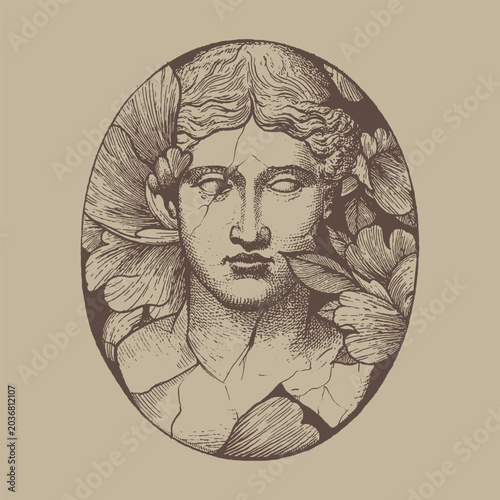 Schilderij op canvas Classical Sculpture Portrait with Floral Elements Oval Frame