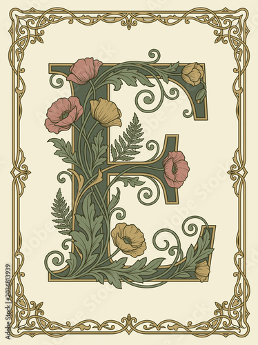 Floral letter E in vintage Art Nouveau ornamental style