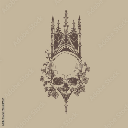 Tableau sur toile Gothic Cathedral Frame with Skull and Skeleton Symbolic Illustration