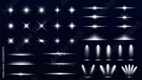 Vector set of glowing light effects, including stars and spotlights on dark background.