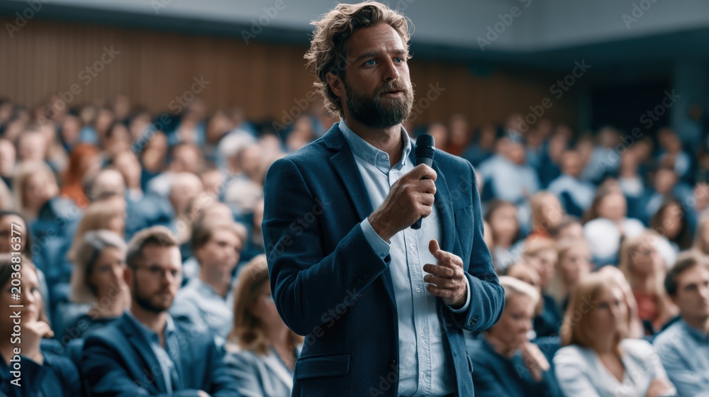 Obraz premium Male Speaker Holding Microphone During Business Conference 
