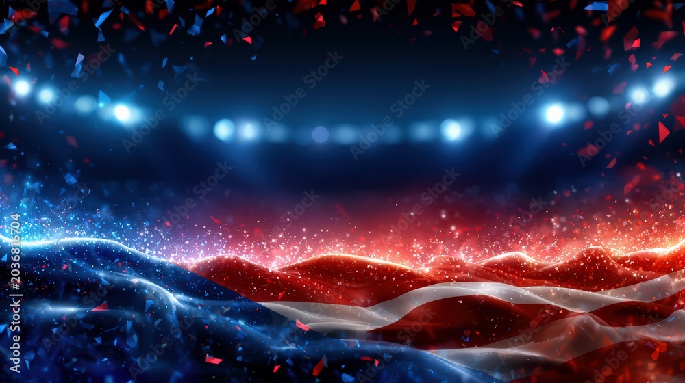 Fototapeta premium Dynamic Patriotic Flag Waving with Stadium Lights and Confetti