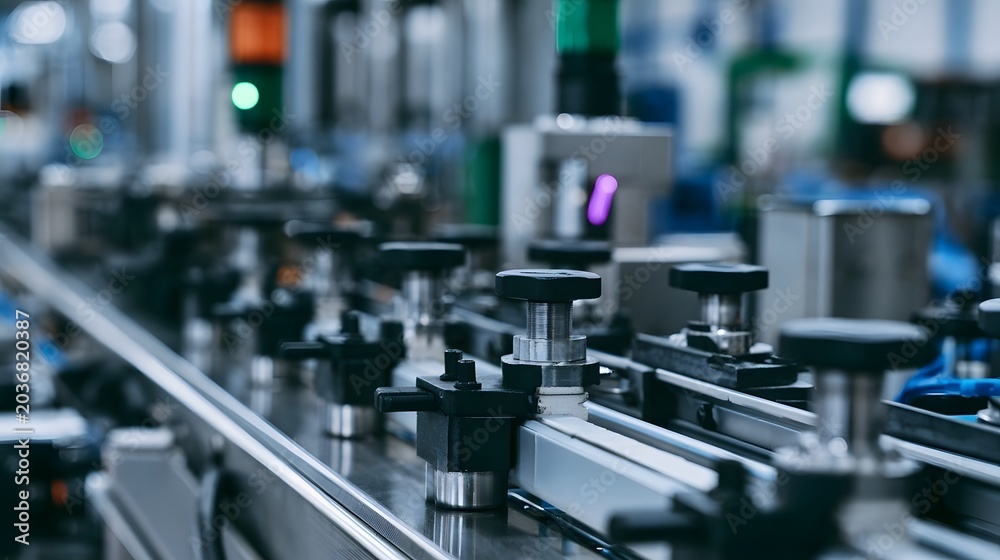 Naklejka premium A close up view of modern industrial hinery and production lines featuring highly reflective metallic surfaces