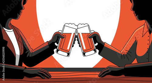 Two colleagues clinking beer mugs in a minimalist vector style