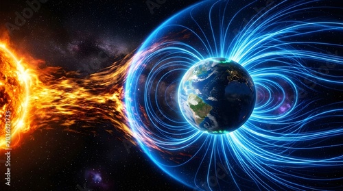 Solar wind and earth magnetic field interaction in space with magnetic astronomy radiation atmosphere magnetosphere universe
