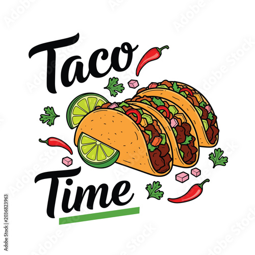 Colorful hand drawn illustration of delicious tacos with lime and chili peppers.