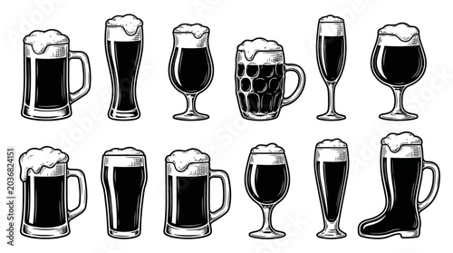 Photos Collection of diverse dark beer glasses with foamy heads, isolated on white back
