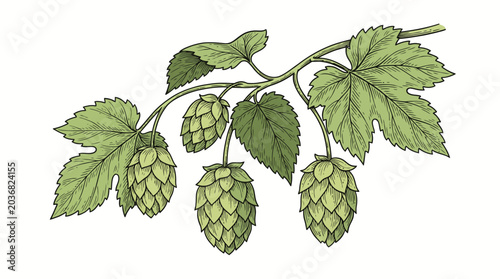 Humulus Lupulus Branch with Hops and Leaves Illustration