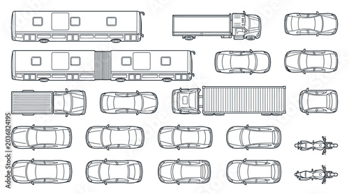 Obraz na płótnie Outline illustrations of diverse top-down view land transport vehicles including