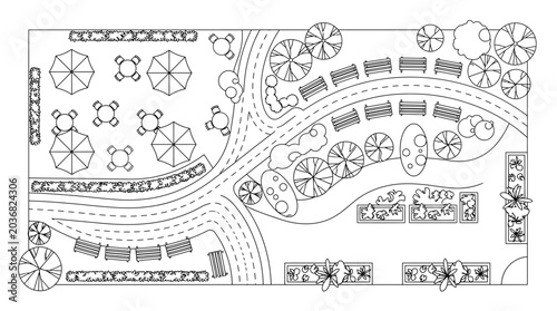 Bild auf Leinwand Comprehensive overhead blueprint of a modern outdoor public park and recreationa