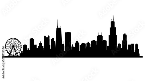 Silhouette of Chicago skyline with Ferris wheel and skyscrapers at a distance