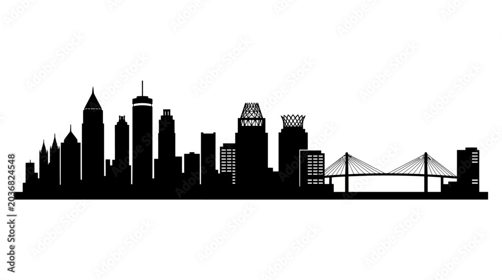 Obraz premium Modern city silhouette featuring a prominent urban skyline with diverse architectural structures and a long bridge