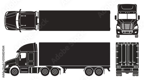 Canvastavla Multiple CAD silhouette views of a commercial semi-truck and trailer, designed f