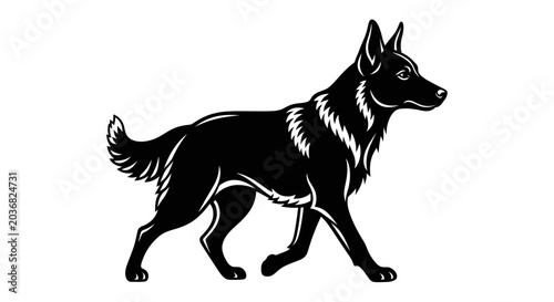 Strong black dog silhouette walking profile vector illustration, majestic canine graphic, isolated on white background for pet designs.