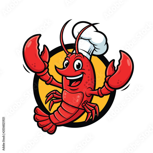 Cartoon Lobster Chef Mascot Character Holding Claws Up.
