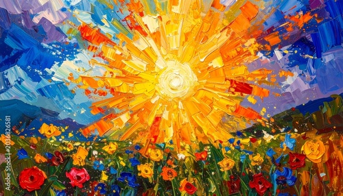 Radiant Impasto Sunburst Over a Vibrant Wildflower Meadow