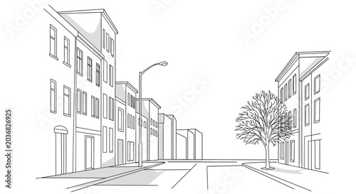 Monochrome line art drawing of a city street with urban buildings, a street light, and a tree. Hand-drawn architectural sketch with perspective.