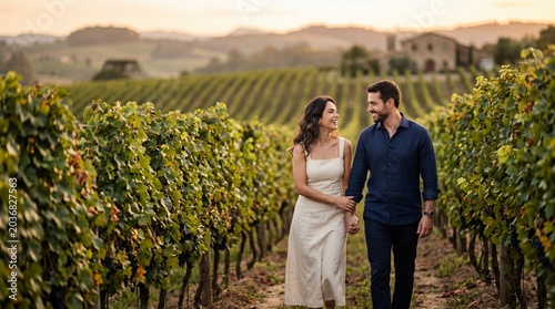 Romantic Couple Walking Through a Vineyard During Golden Hour – Elegant Valentine’s Day Travel Lifestyle With Wine Country Atmosphere, Cinematic Countryside Scenery and Authentic Emotional Connection
