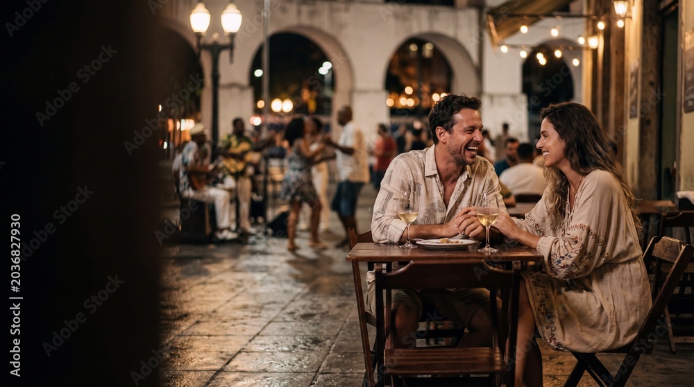 Obraz premium Elegant Romantic Couple Meeting at a Bohemian Bar in Lapa, Rio de Janeiro – Cinematic Valentine’s Day Urban Lifestyle With Authentic Carioca Nightlife and Sophisticated Emotional Atmosphere 
