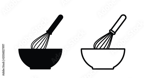 Whisk And Bowl Silhouette On White Background Two Variations