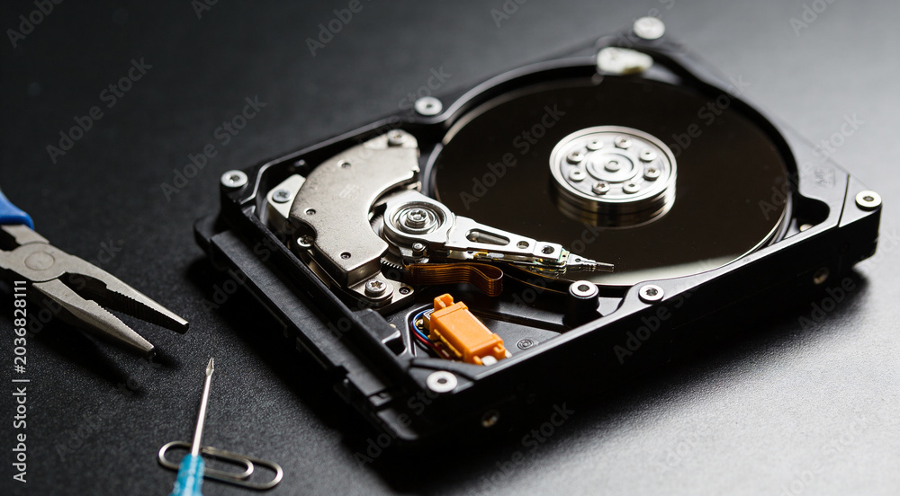 Obraz premium Computer Hard Drive HDD Internal Components Close-Up