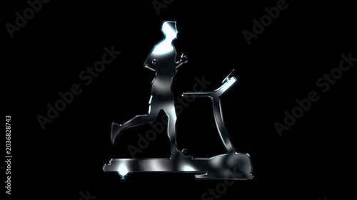 Silver metallic man running on a treadmill cardio workout silhouette. Alpha channel. Seamless loop video.