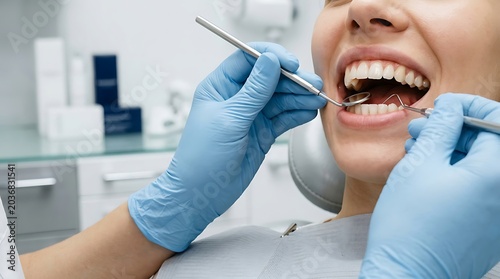 Close-up of a smiling person's teeth being examined by a dentist using dental tools in a bright, clean examination room