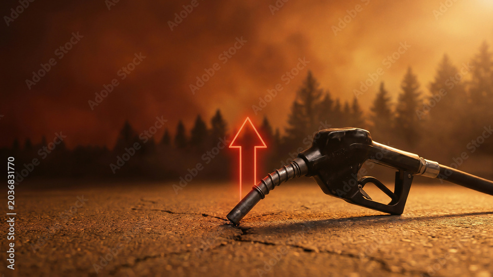 Fototapeta premium Fuel Pump Nozzle on Cracked Asphalt with Glowing Red Upward Arrow Against Dramatic Sunset Sky Toward Energy Crisis Awareness Perfect for Editorial Advertising and Industry Presentation