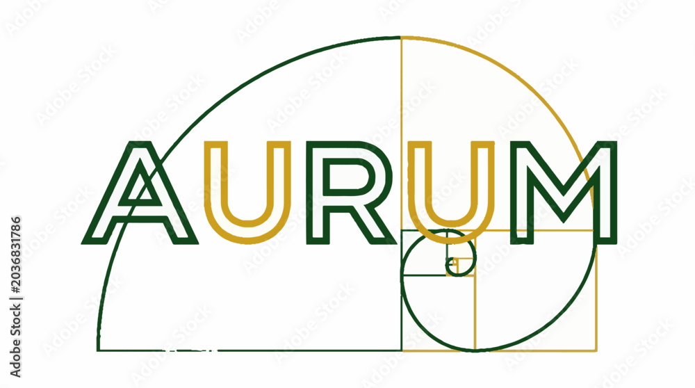 Fototapeta premium Aurum text with golden ratio spiral overlay in green and gold colors