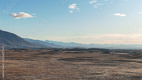 Aerial views of he mountains and valley of Lake Oahu near the small town of Twizel