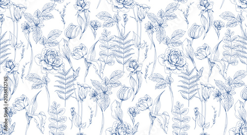 Seamless toile flower pattern in vector. Hand draw vintage floral pattern