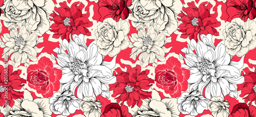 Seamless toile flower pattern in vector. Hand draw vintage floral pattern