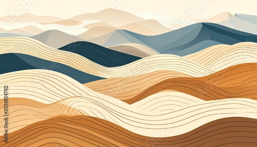 Abstract Topography of Flowing Hills in Ochre and Slate Blue