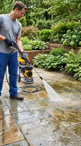 Man using power washer to clean patio in green backyard  