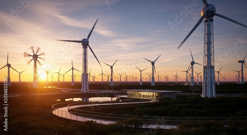 Wind farm turbines at sunset generating sustainable energy.