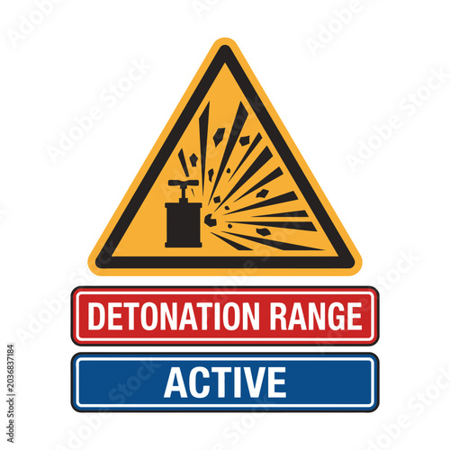 Detonation range active warning sign with explosion symbol and plunger detonator icon. EPS Editable