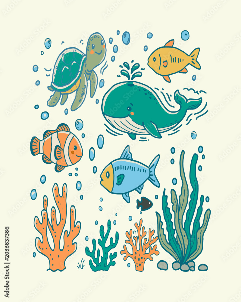 Fototapeta premium Cute sea animals vector doodle set with whale, sea turtle, clownfish. Hand drawn marine life wildlife cartoon illustration.